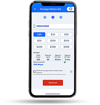 Imagen ilustrativa de pantalla para recargar tiempo aire desde la App Telmex